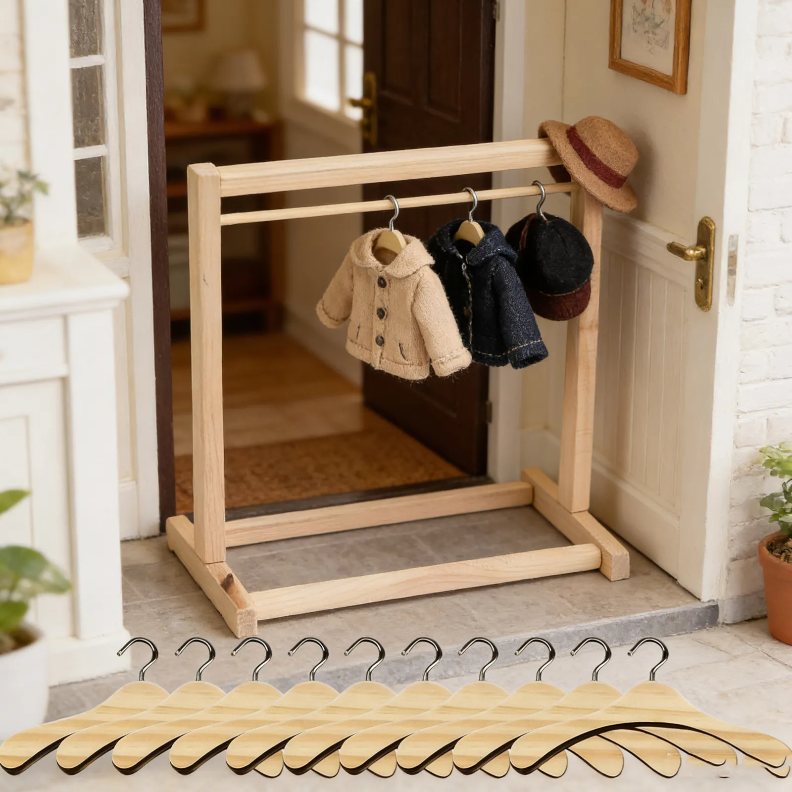 Mini perchas para casa de muñecas de madera y metal - imagen 3