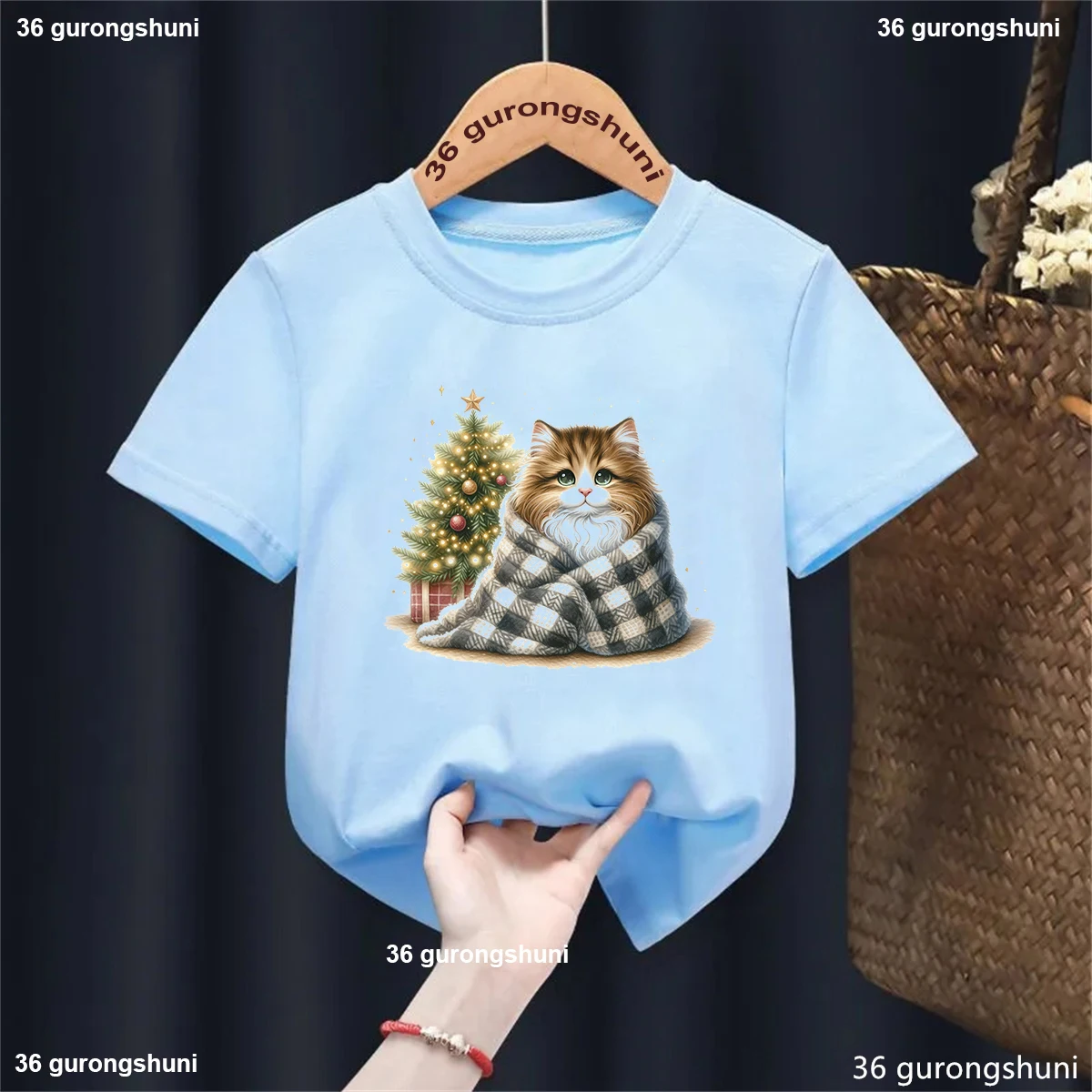 Camiseta verano Kawaii gato Navidad para niños y niñas