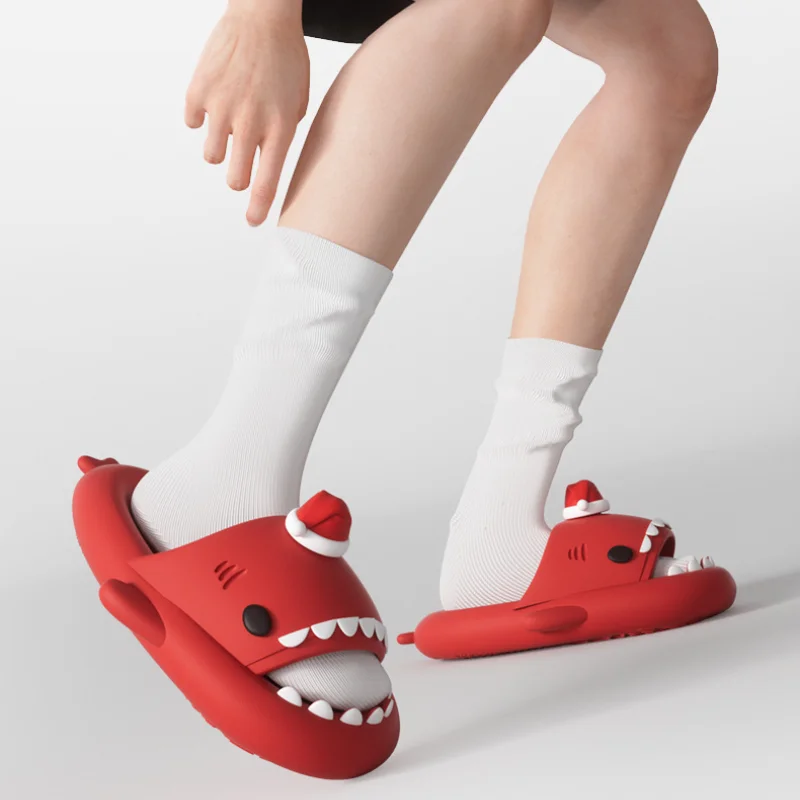 Zapatillas de tiburón navideñas con suela EVA gruesa para casa
