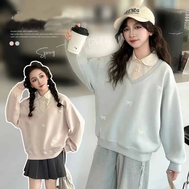 Sudadera de primavera para niñas con pajarita y cuello redondo - imagen 3