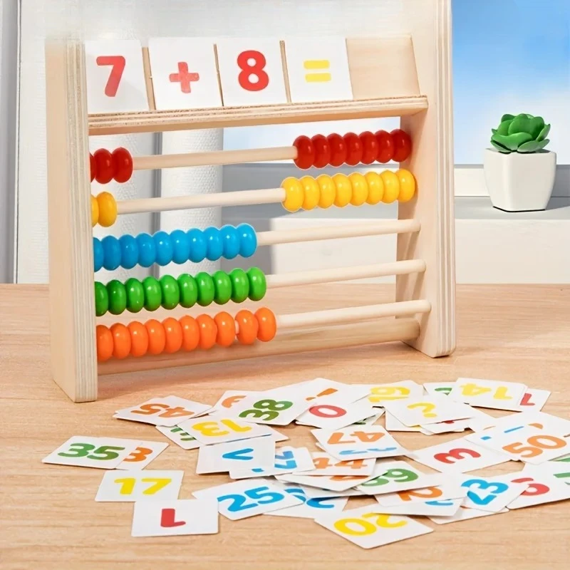Ábaco de madera infantil con tarjetas numéricas y cuentas