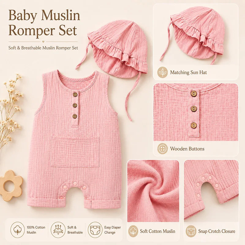 Conjunto muselina bebé mono y gorro verano algodón suave - imagen 5