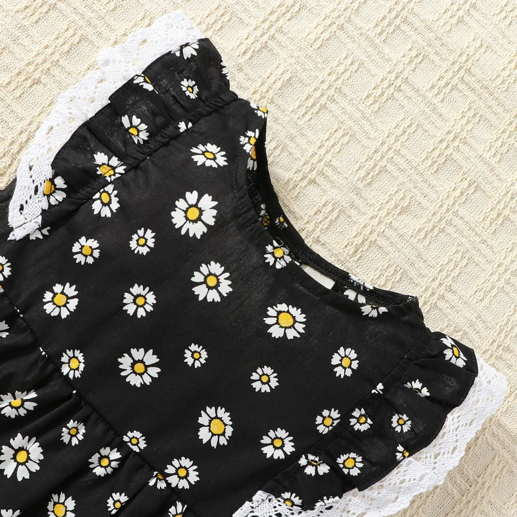 Conjunto vestido niña margaritas de encaje sin mangas negro verano