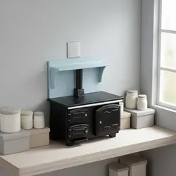 Cocina de juguete negra realista para casa de muñecas con horno
