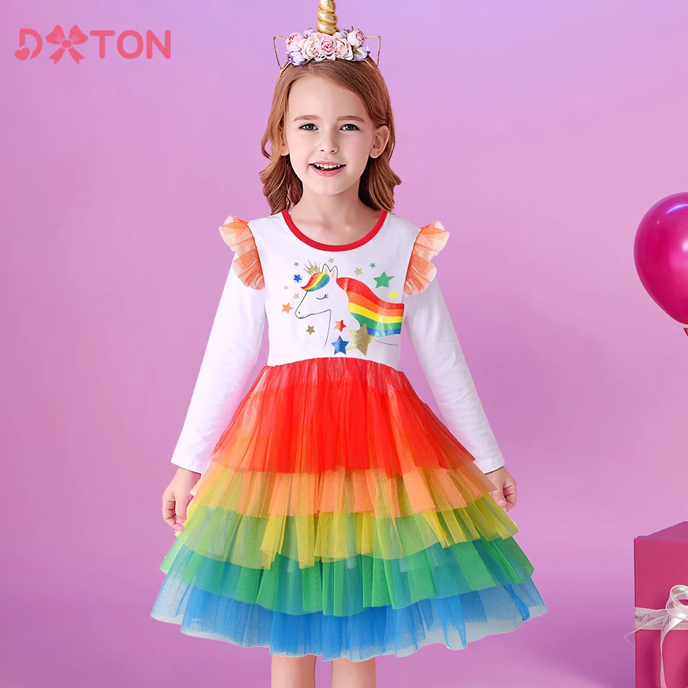 Vestido tutú unicornio arcoíris con estrellas DXTON para niña