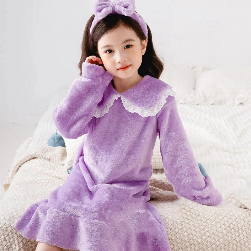 Camisón de lana para niñas – Coral cálido manga larga invierno