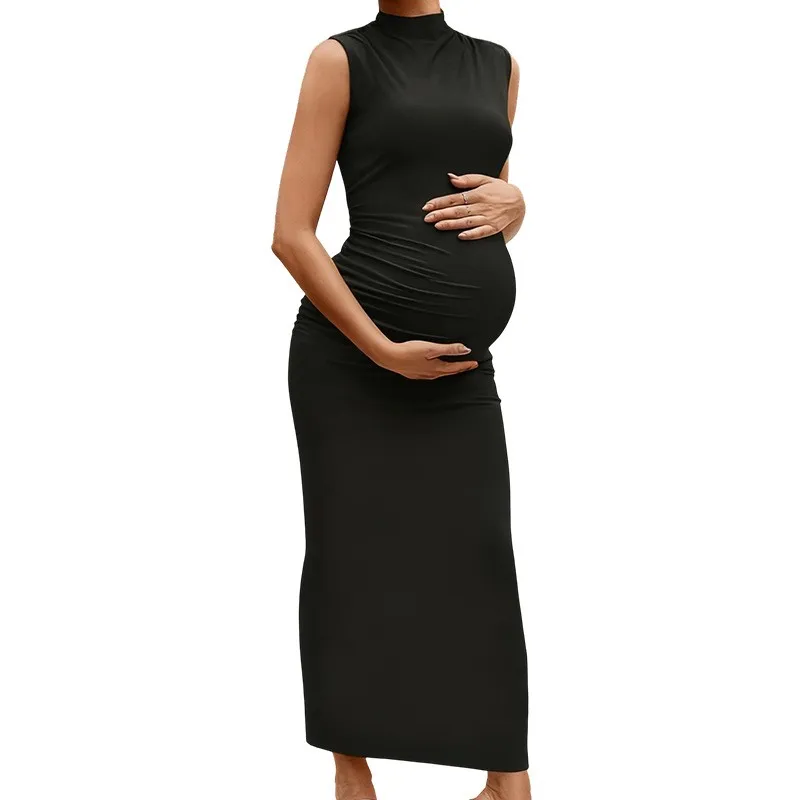Vestido de maternidad cuello alto sin mangas liso ajustado elástico - imagen 3