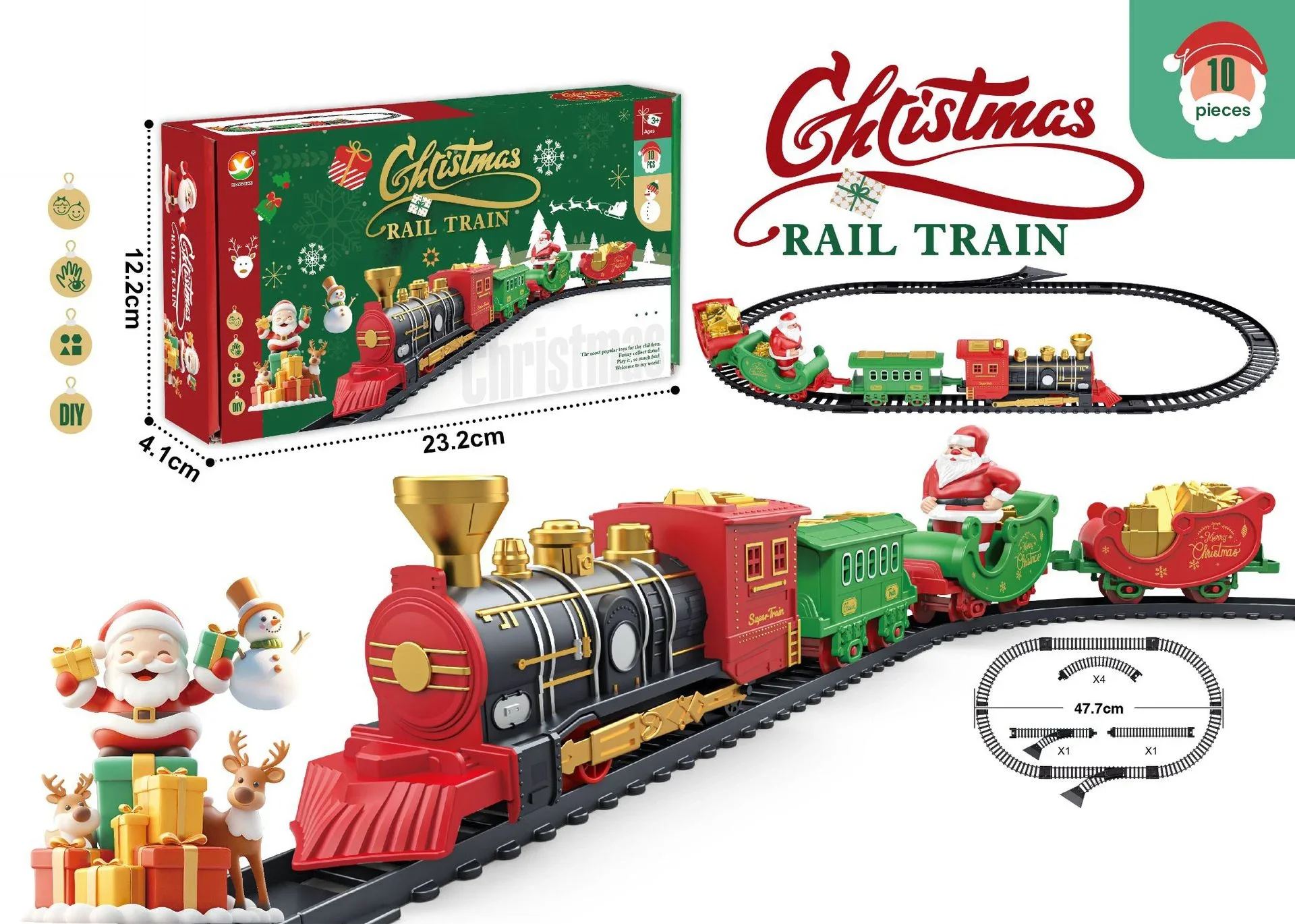 Tren eléctrico navideño con vía clásica y trineo de Papá Noel