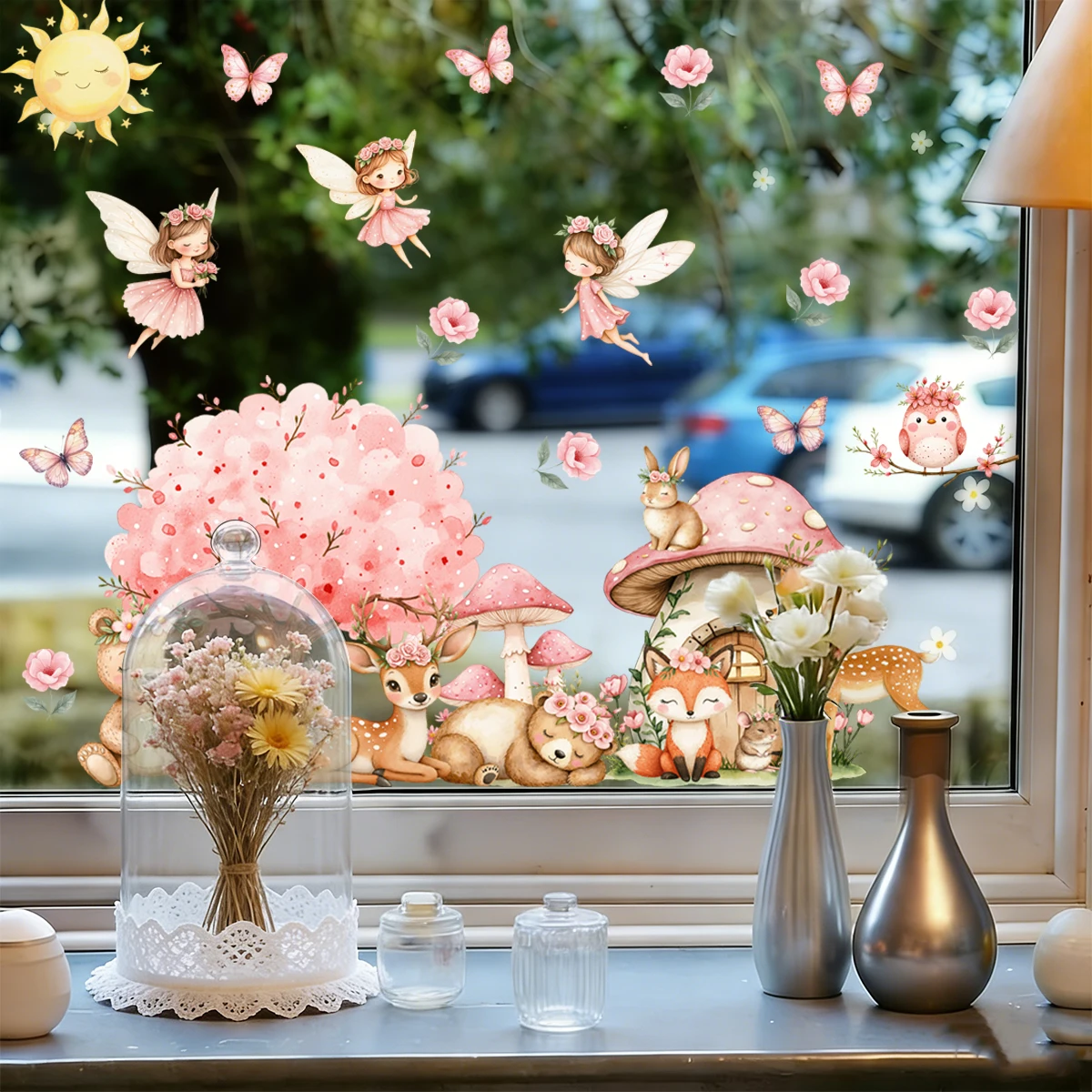 Pegatinas de pared infantiles animales del bosque con hadas rosas - imagen 3
