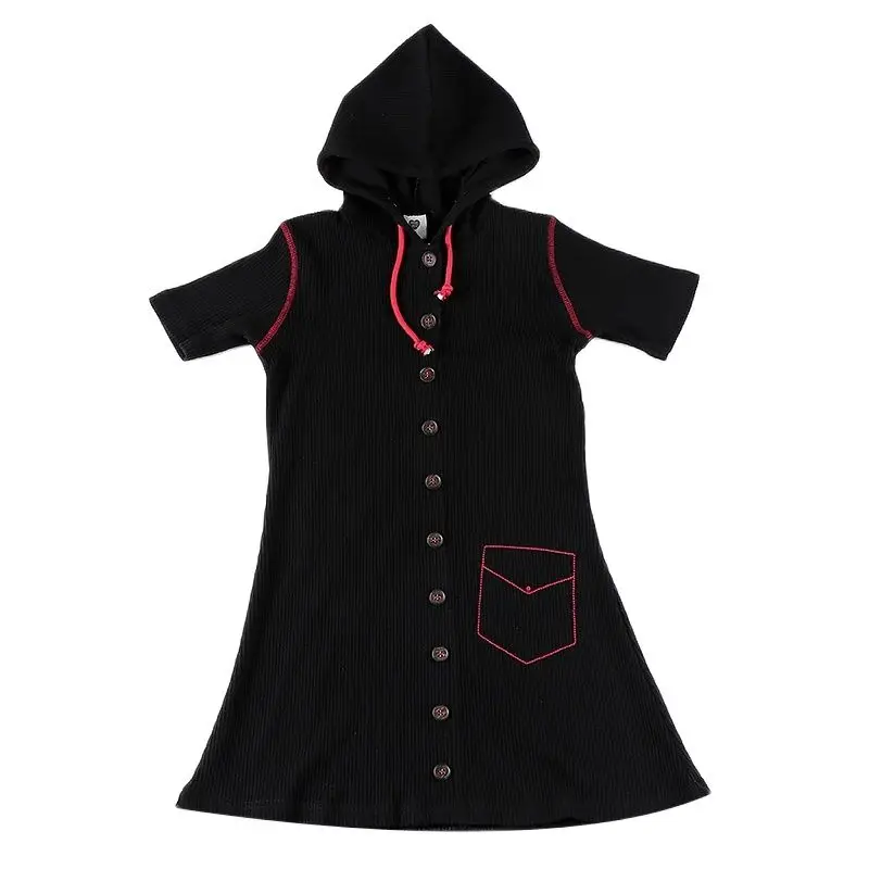 Vestido de verano niña negro con botones y capucha, cordón rojo - imagen 5