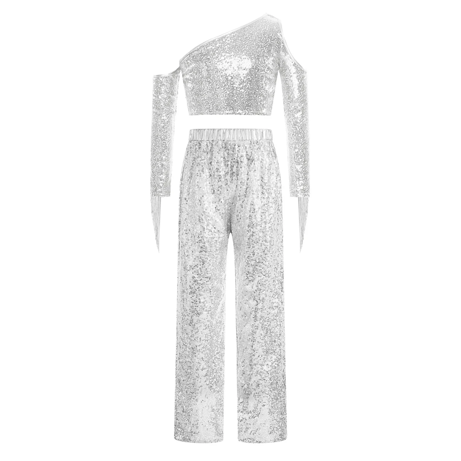 Traje de baile con lentejuelas y borlas de un hombro para niñas