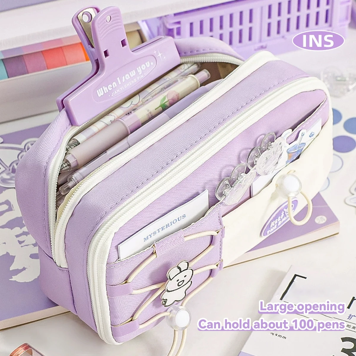 Estuche escolar de lápices con doble cordón – Kawaii gran capacidad - imagen 2