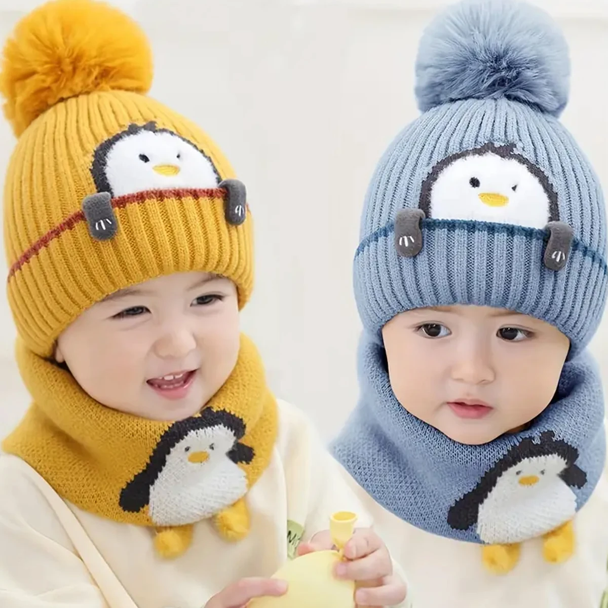 Gorro pingüino de punto grueso con orejeras y bufanda para niños
