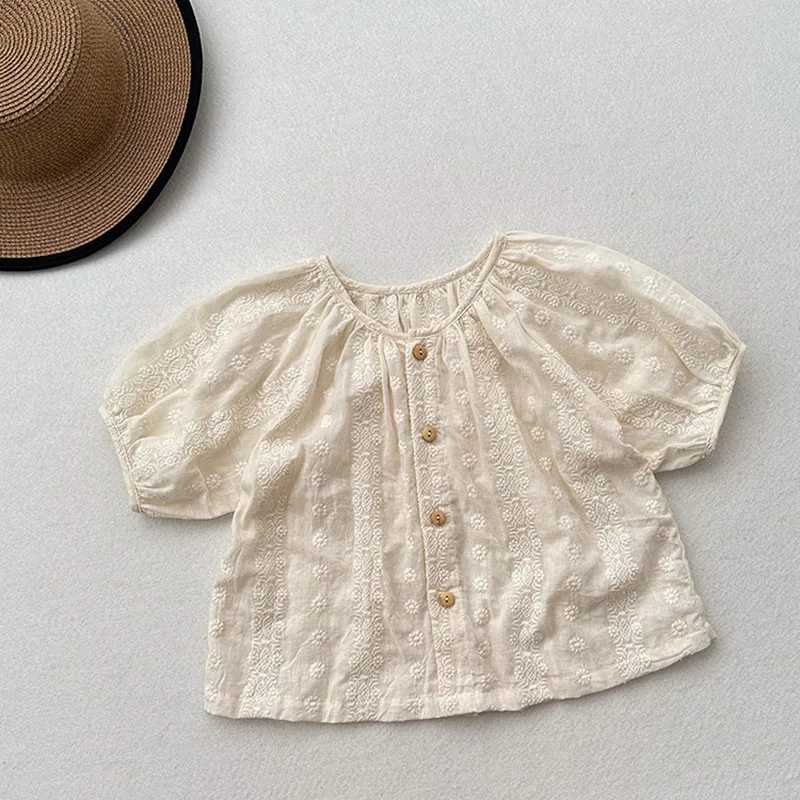Camisa de algodón bordada floral para niños – Manga corta de verano