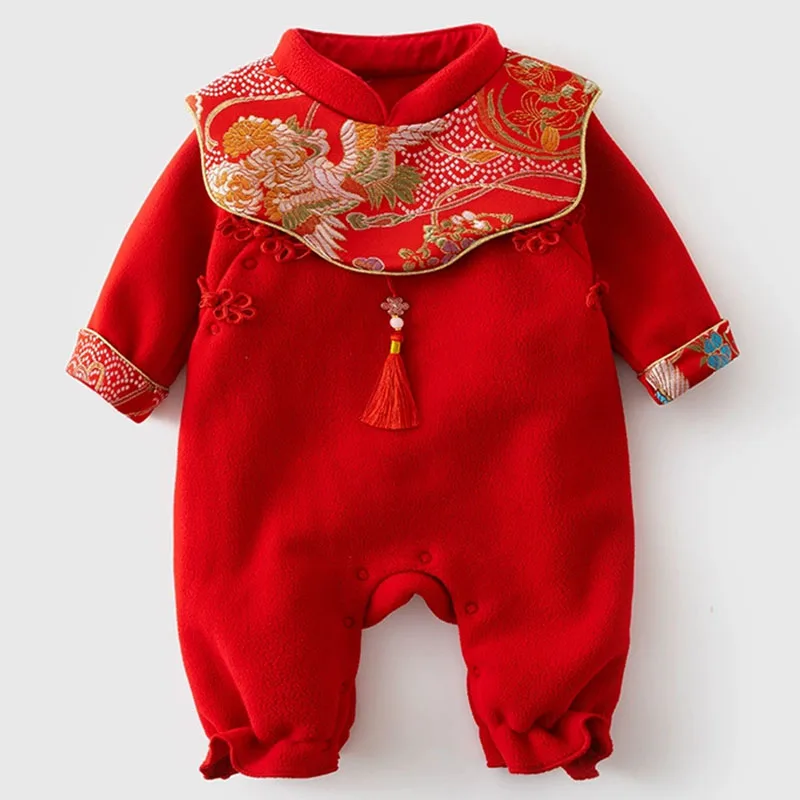 Mono de lana rojo con bordado para bebé niña – Otoño invierno