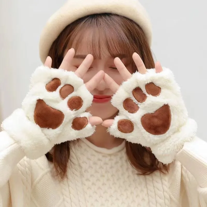 Guantes garra de gato cálidos para niños, manoplas medio dedo