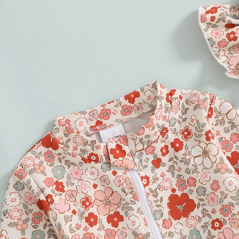 Traje de baño antisarpullidos manga larga floral con gorro y volantes