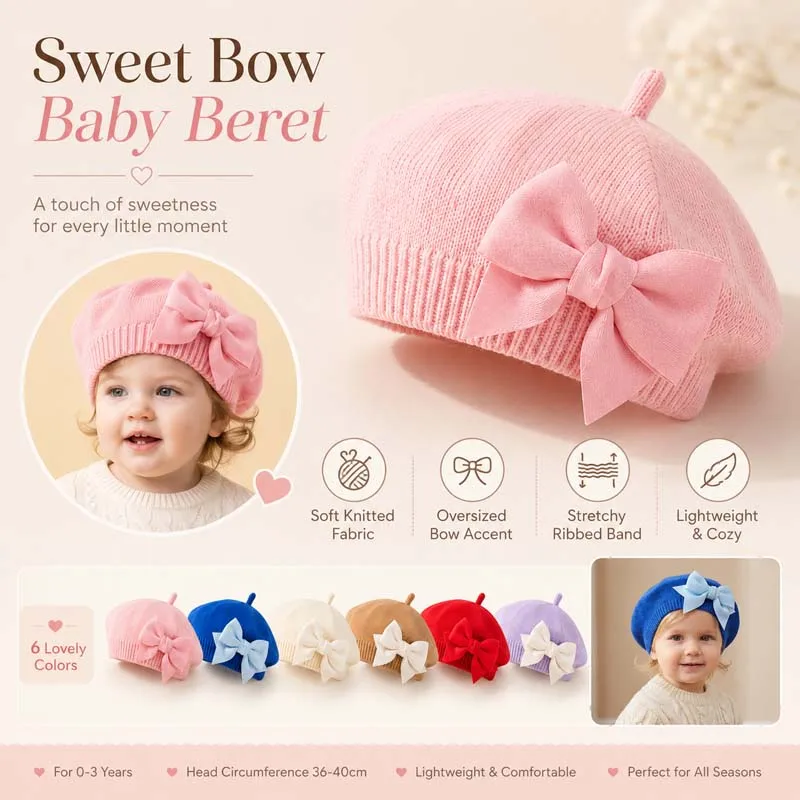 Gorro de bebé niña de punto cálido con lazo para invierno y suave