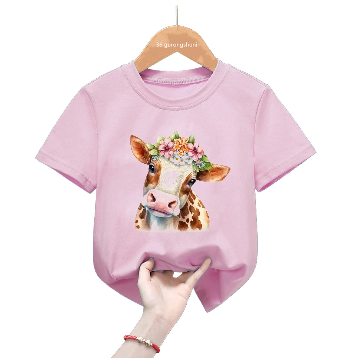 Camiseta de niñas rosa con estampado de ciervos y flores de verano - imagen 4