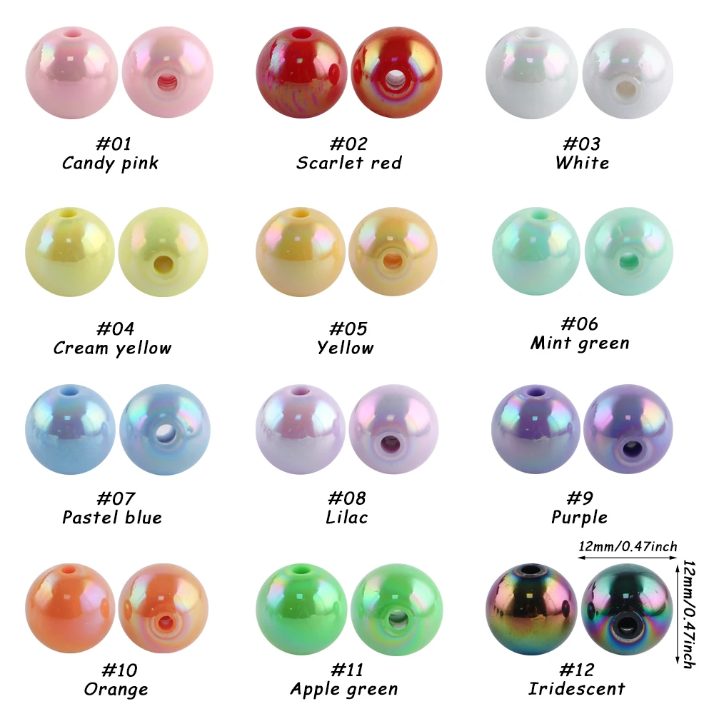 Cuentas de perlas acrílicas de 12 mm en varios colores