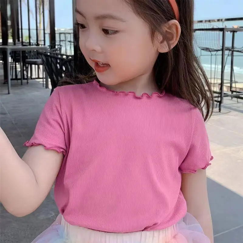 Camiseta de niña seda helada manga corta estilo coreano borde ondulado - imagen 4