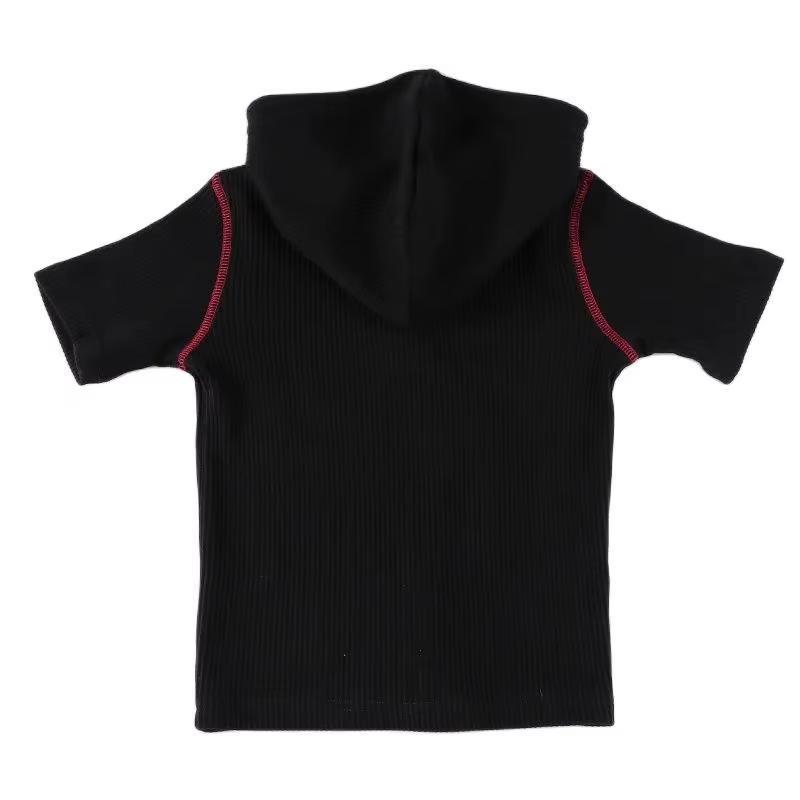 Camiseta negra acanalada para niña con capucha y botones - imagen 3