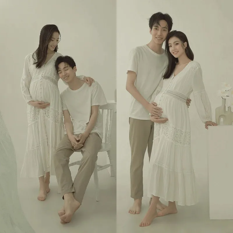 Vestido de maternidad encaje blanco elegante con cuello en V - imagen 3