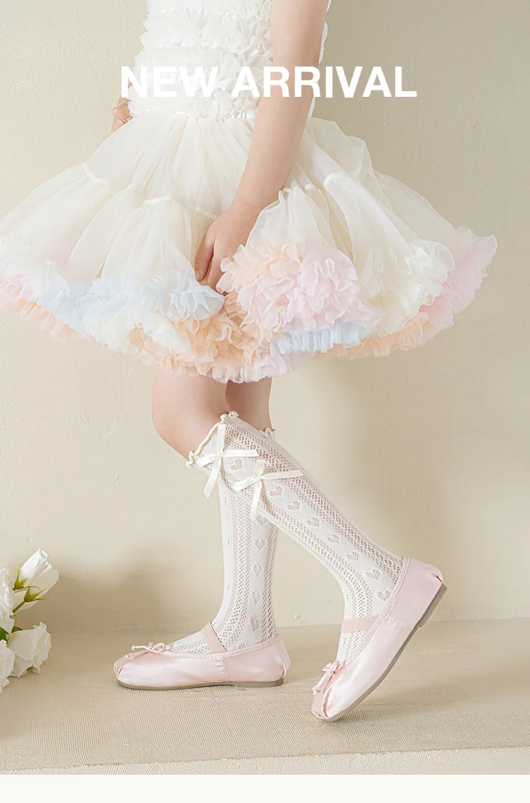 Calcetines finos de verano para niños y niñas con volantes y lazo corazón