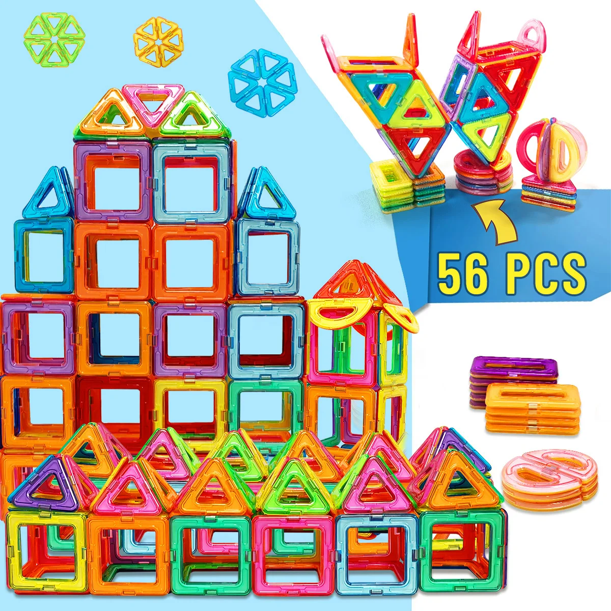 Niños construyendo una torre con piezas magnéticas de colores