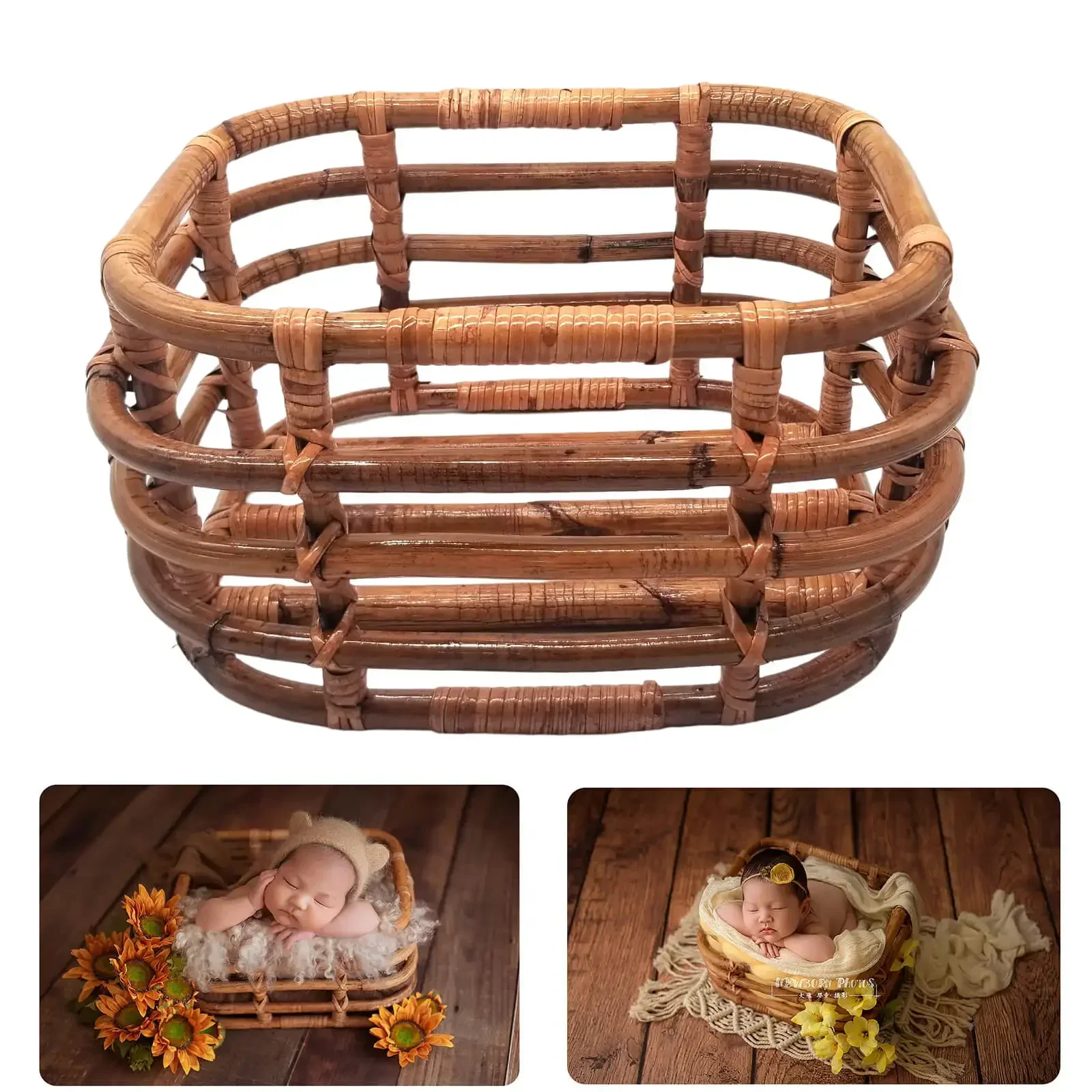 Cesta tejida retro en algodón para sesiones de newborn