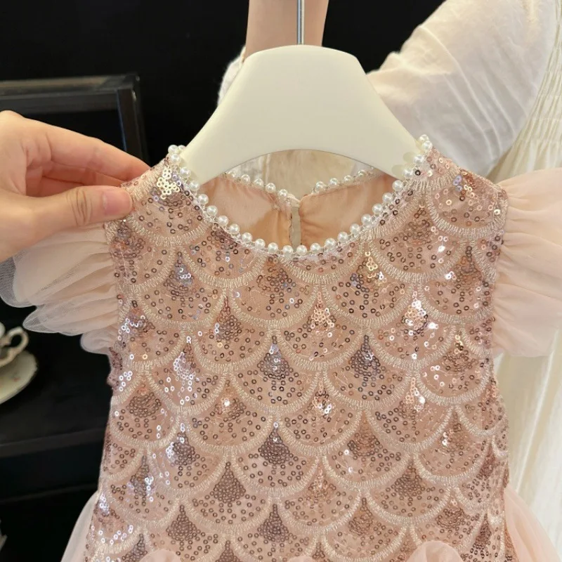 Vestido de tul de fiesta para niña con lentejuelas y mangas abullonadas - imagen 2