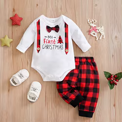 Conjunto navideño para recién nacido – Pijama de cuadros con pajarita