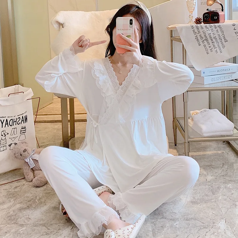 Pijamas de lactancia de modal manga larga con encaje para entretiempo - imagen 5