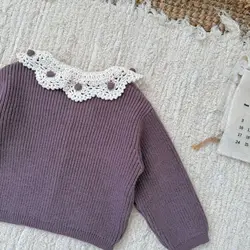 Suéter de niña primavera 2025 cuello vuelto estilo vintage