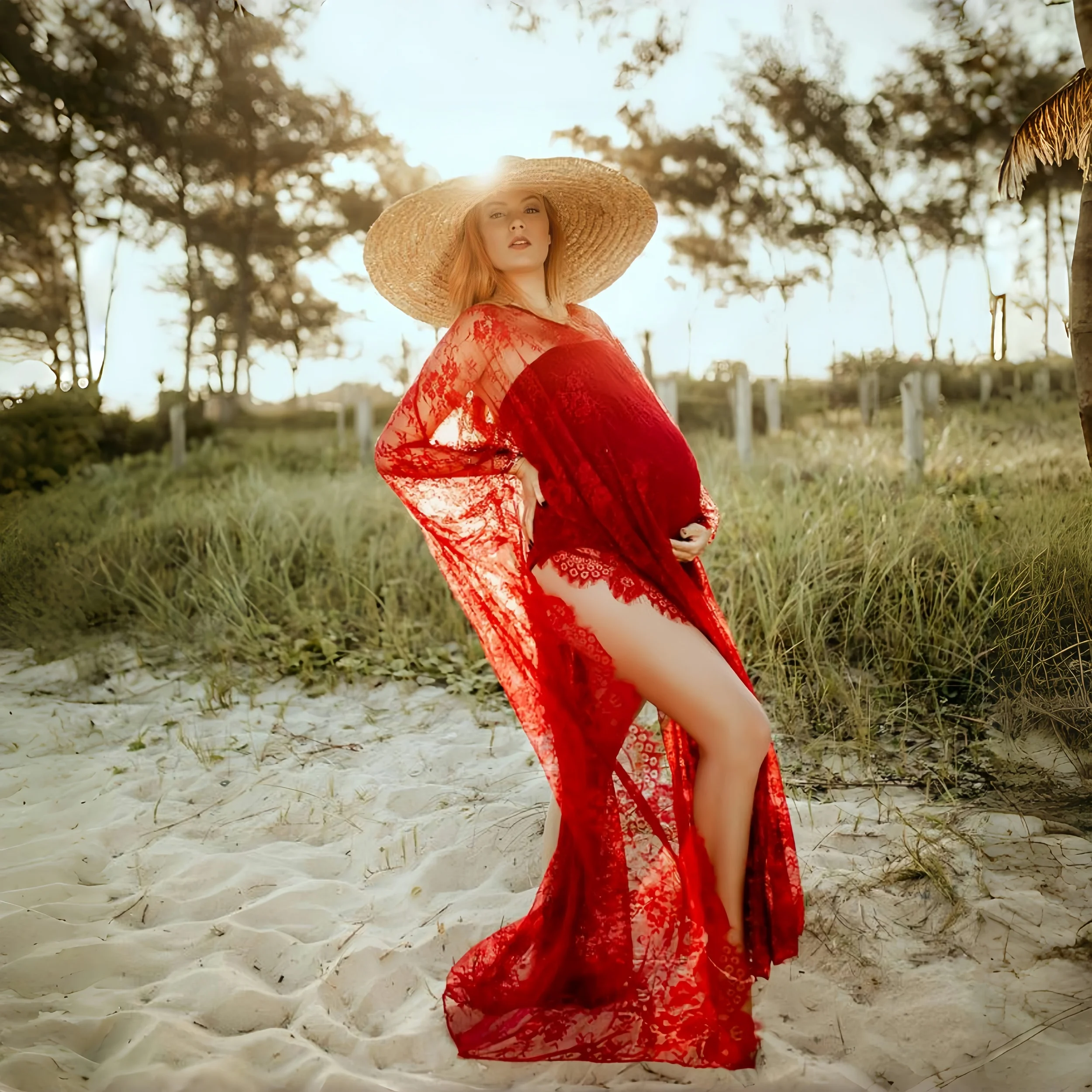 Vestido de maternidad con encaje y capa para sesión de fotos - imagen 4