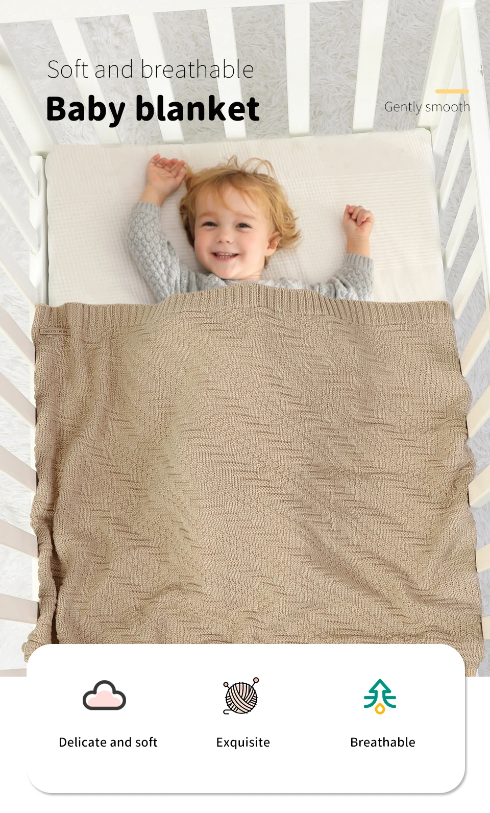 Manta tejida suave en color beige con textura de trenzas