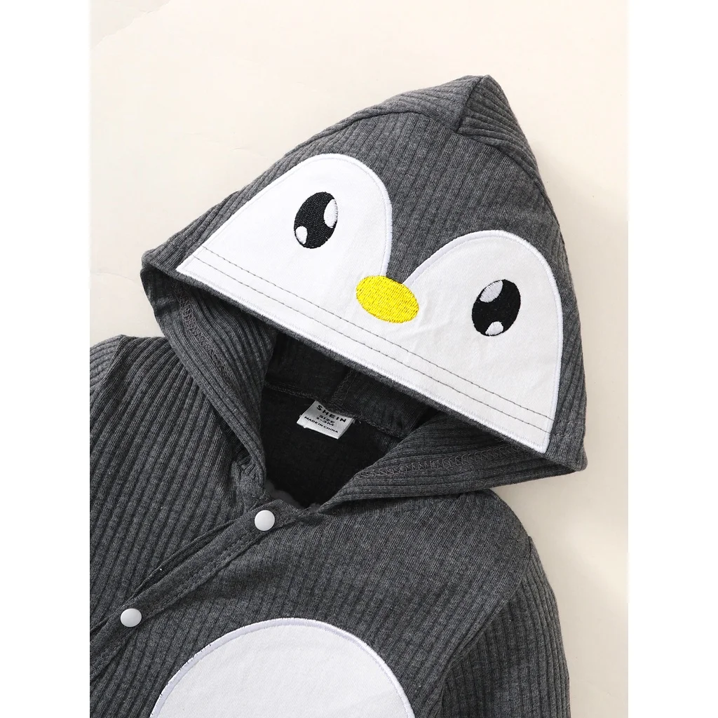 Pijama de bebé con capucha pingüino - mono blanco, mangas largas, gris - imagen 4