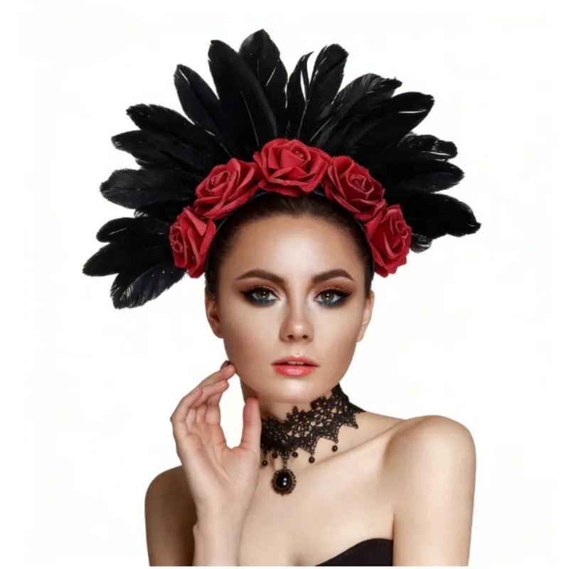 Diadema floral Día de los Muertos Halloween de rosas y plumas - imagen 4