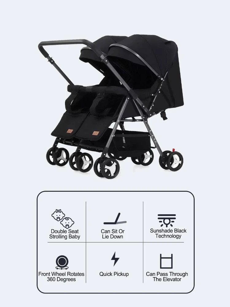 Cochecito doble para gemelos ligero y plegable con dosel reclinable