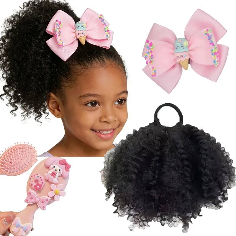 Colas de caballo rizadas afro para niñas con extensiones y clip - imagen 4