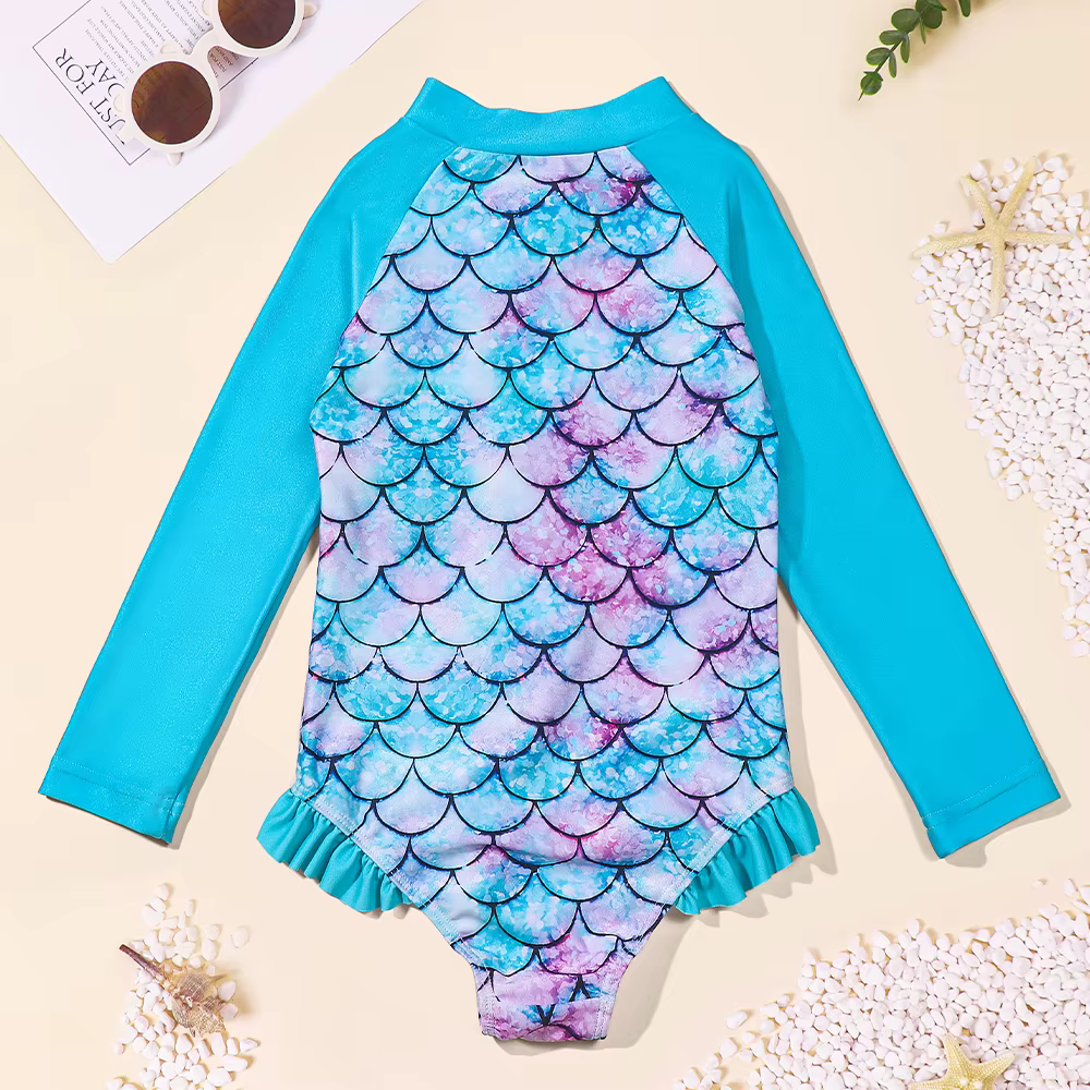 Traje de baño infantil manga larga con volantes y patrón escamas - imagen 2