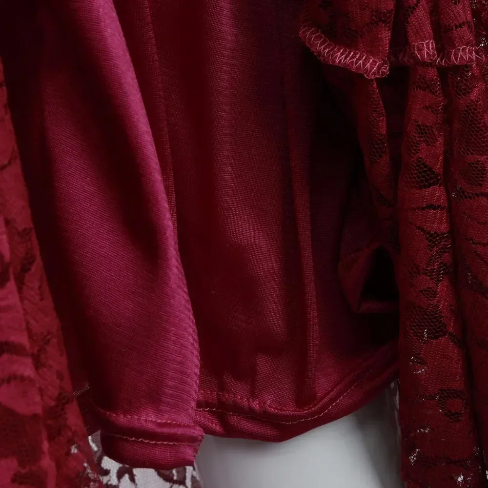 Vestido de embarazo manga larga encaje cuello en V vino tinto - imagen 5
