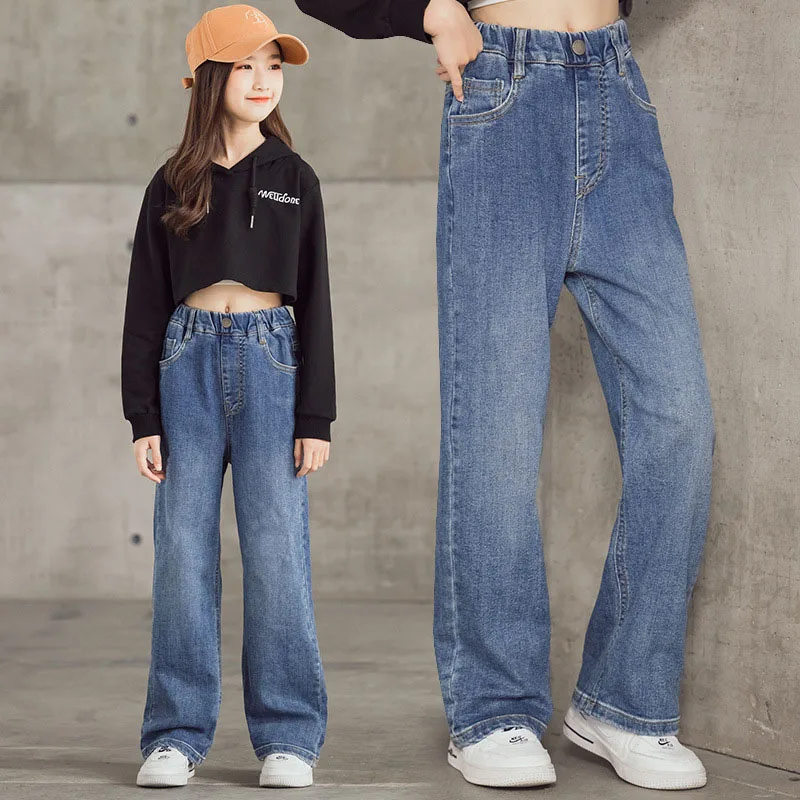 Vaqueros de pierna ancha para niña en azul claro, modernos - imagen 3