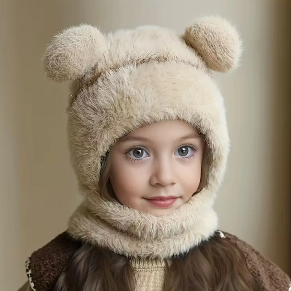 Gorro polar con orejas de oso y calentador de cuello para niña – Felpa suave - imagen 5