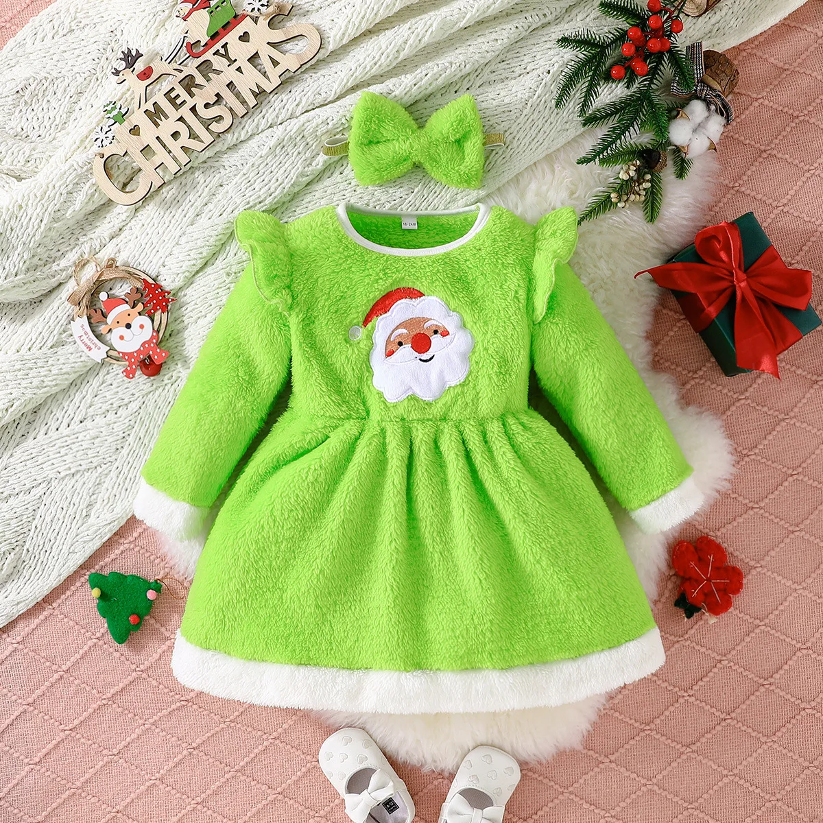 Vestido navideño para niñas - Estampado invernal con banda pelo