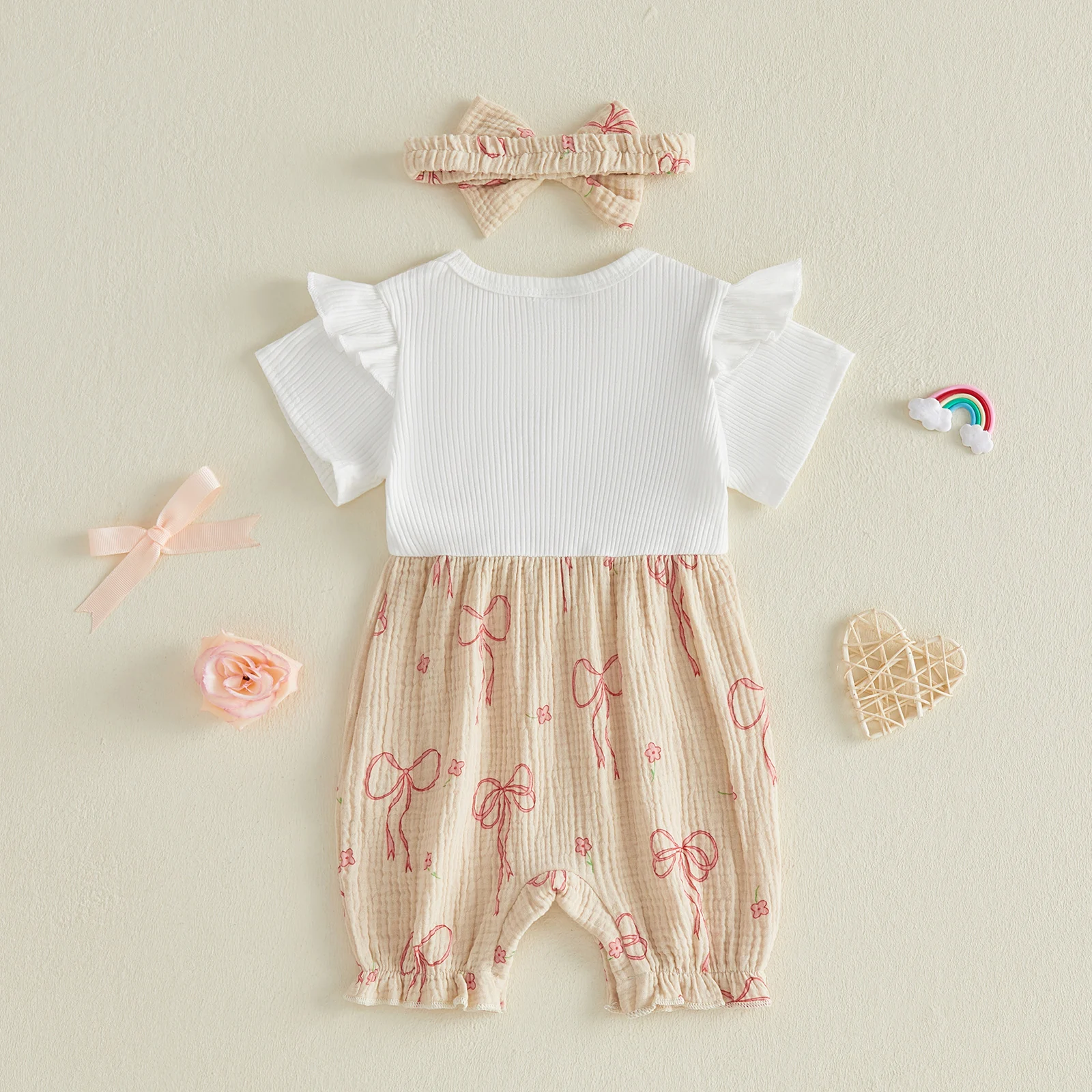 Conjunto de verano bebé niña: mono manga corta con volantes y diadema - imagen 5
