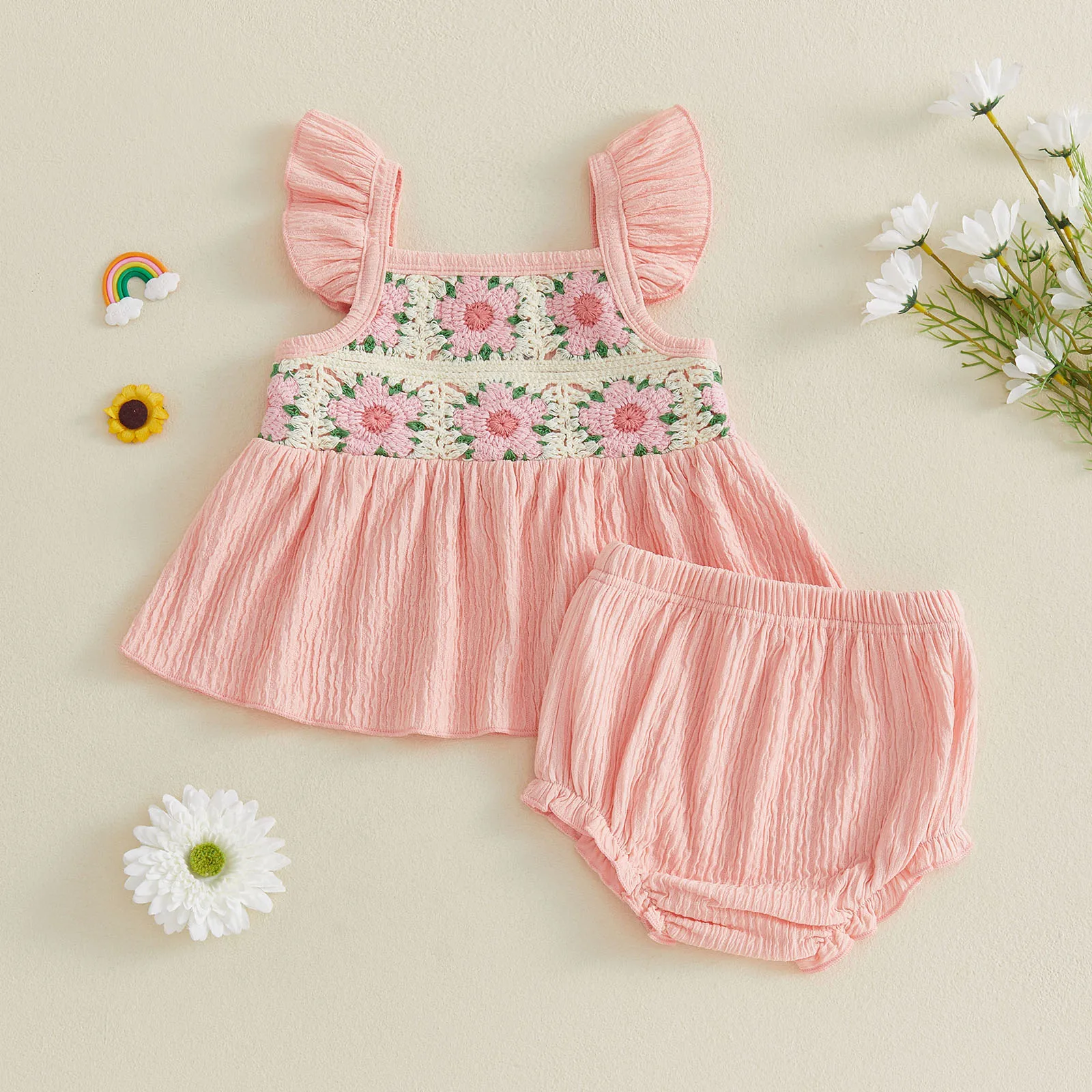 Conjunto de verano para niña: top de ganchillo con volantes y shorts