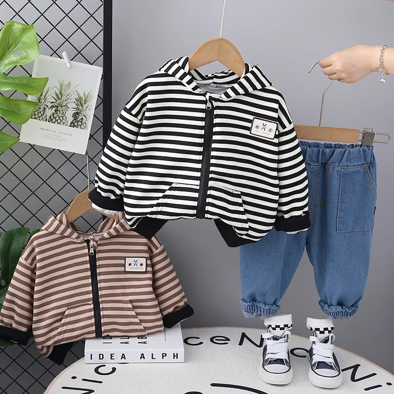 Conjunto de chándal de otoño para bebé con capucha a rayas