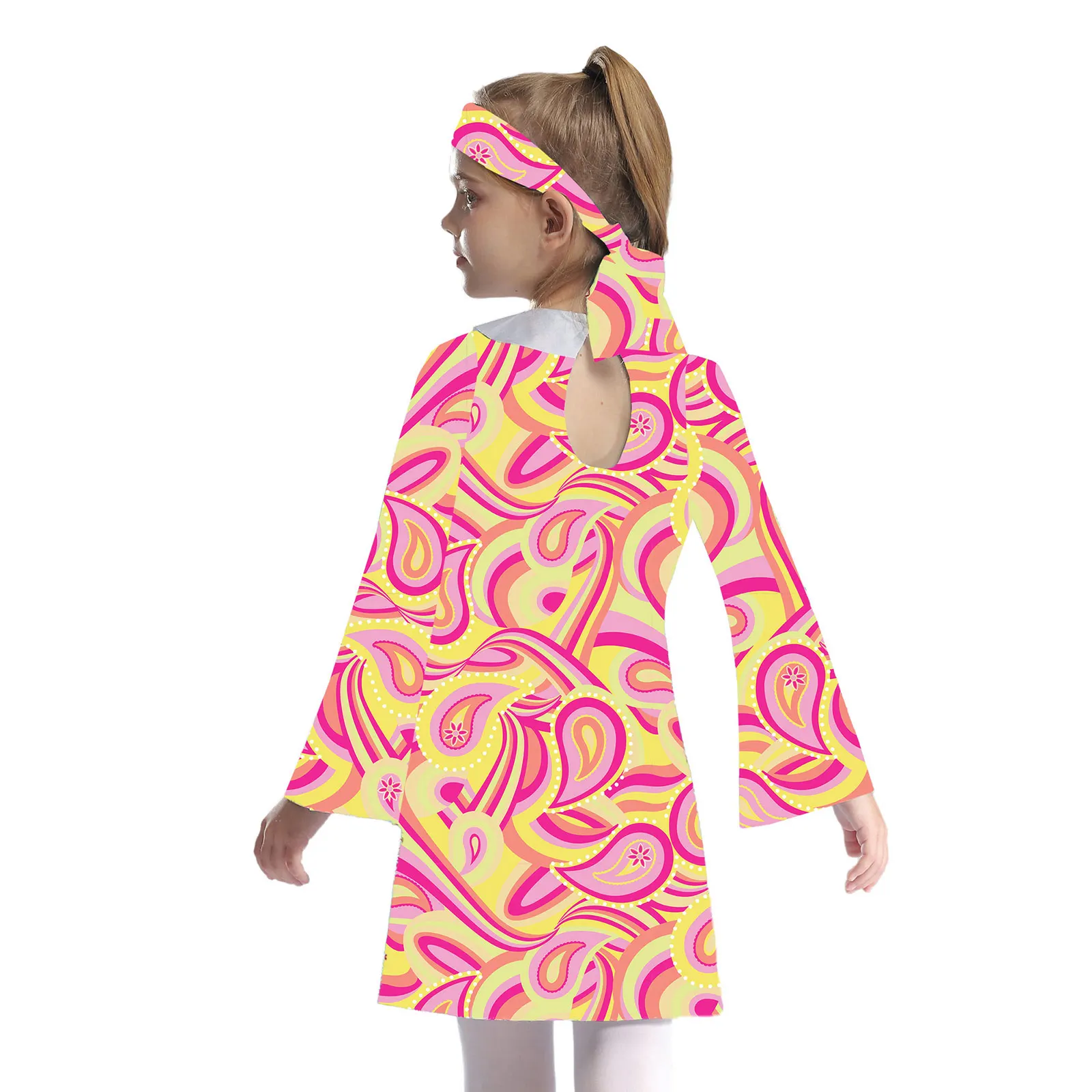 Vestido hippie retro de manga acampanada para niñas, estampado - imagen 4