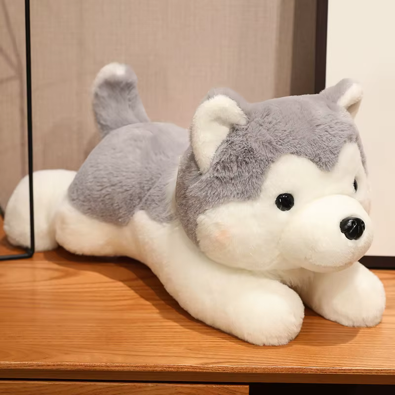 Peluche Husky tumbado de felpa suave, juguete de animal